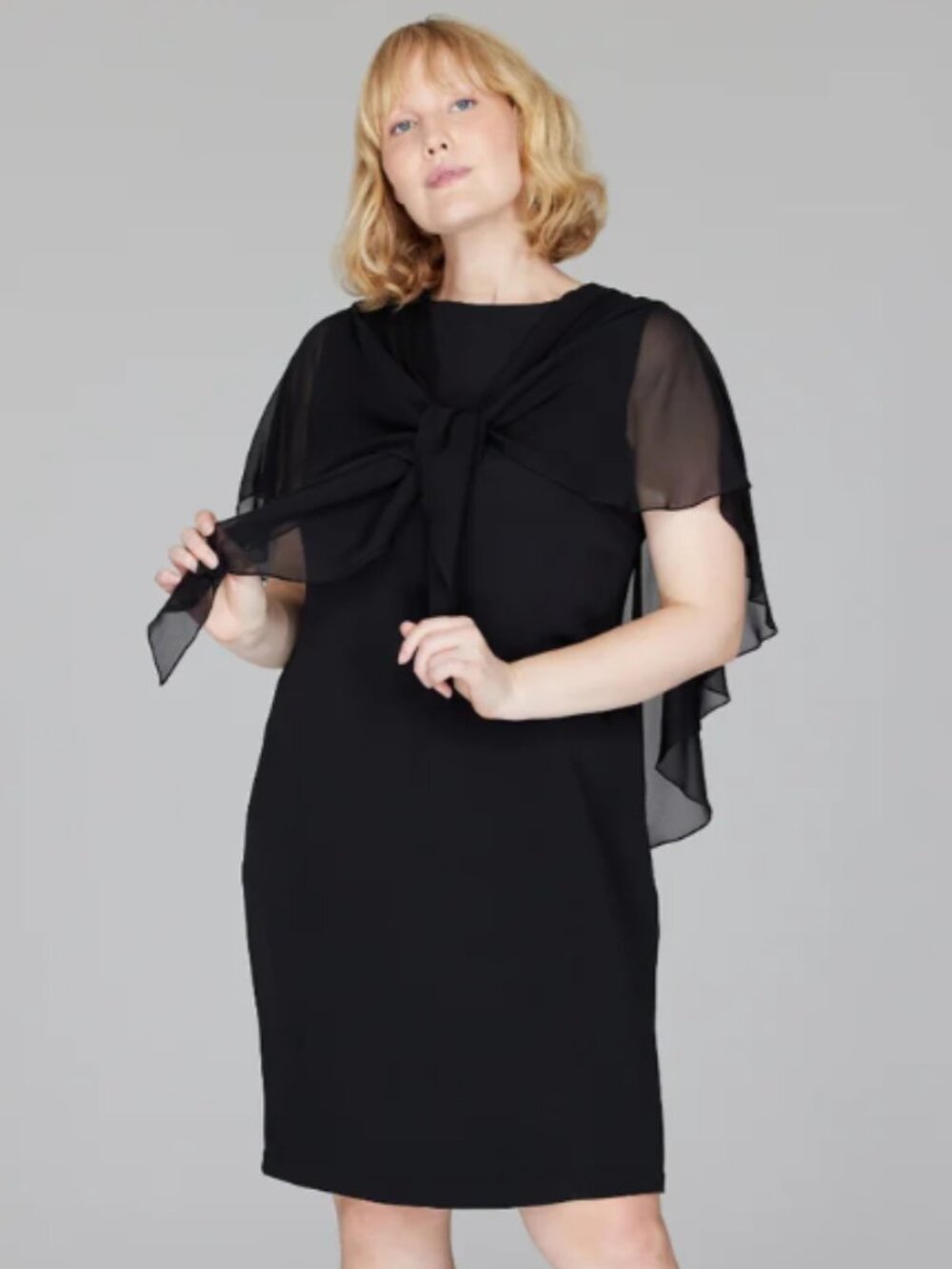 Emmelle Silk Dress w/Attached Chiffon Capelet Black S Luxury Designer